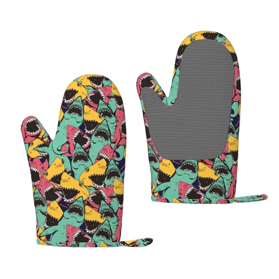 Hirioo Angry Shark Pattern for Silicone Oven Mitts for BBQ, Baking, Cooking, Set of 2, Heat Resistant 260, Non-Slip Kitchen Essentials