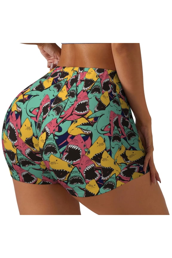 Angry Shark Pattern for Women's Workout Shorts Seamless Scrunch Short Gym Yoga Running Sport Active Exercise Fitness Shorts-X-Large