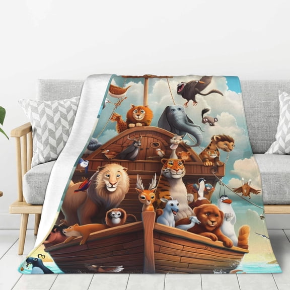 Hirioo Animal Filled Noahs Ark for Flannel Blanket, Cozy and Warm Throw for Bed or Couch ,Perfect for All Seasons-80"x60"