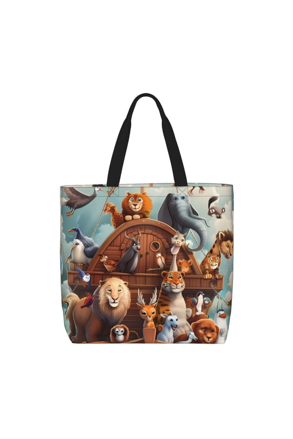 Animal Filled Noahs Ark for Tote Bag for Women, Quilted Shoulder Bag with Zipper, Large Capacity Handbags for Casual, Travel, Work