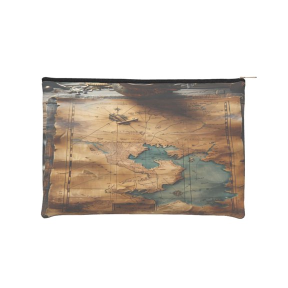 Hirioo Antique Map Adventure Scene for Paper Reusable Cosmetic Bag Zipper Encouragement Travel Pouch Toiletry Bag for Women Girls