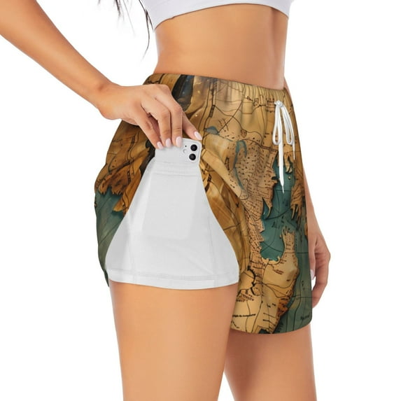 Hirioo Antique Map Adventure Scene for Women's Double Layer Athletic Shorts High-Performance Gym Shorts with Inner Pocket, Elastic Waistband-Medium