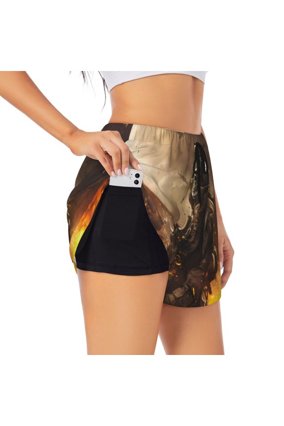 Apocalyptic Skull Soldier for Women's Double Layer Athletic Shorts High-Performance Gym Shorts with Inner Pocket, Elastic Waistband-Large