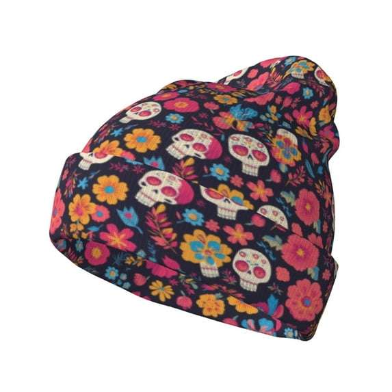 Hirioo Apricot color Skull flower for Men's Knit Cuffed Beanie for Outdoor Activities Unisex