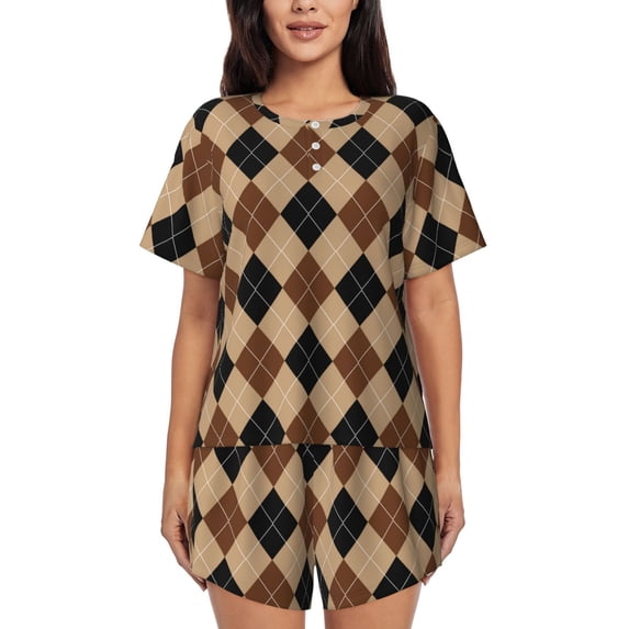 Hirioo Argyle of brown for Women's 2 Piece Short-Sleeved Pajama PJ Sets for Women Shorts with Pockets Womens Lounge Set-