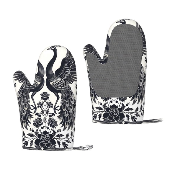 Hirioo Artistic Black White Peacocks for Silicone Oven Mitts for BBQ, Baking, Cooking, Set of 2, Heat Resistant 260, Non-Slip Kitchen Essentials
