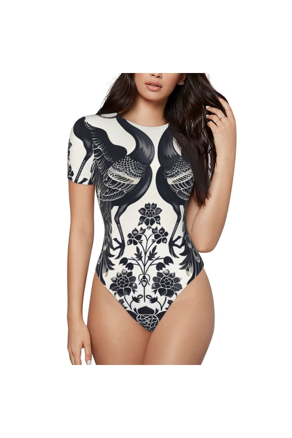 Artistic Black White Peacocks for Women's Round Neck Short-sleeved Onesie Basic Bodysuits-Large