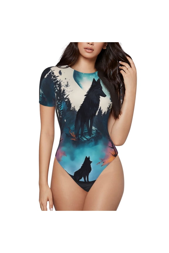 Artistic Moon Valley Wolf for Women's Round Neck Short-sleeved Onesie Basic Bodysuits-Medium