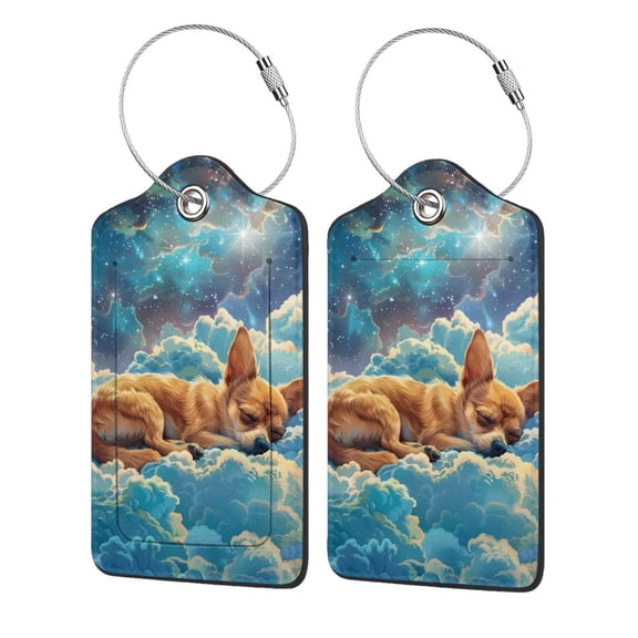 Hirioo Artistic Starry Sky Cloud Dog Print Leather Luggage Tag with Stainless Steel Loop ,Privacy Flap and Address Card for Travel Bag Suitcase-4 PCS
