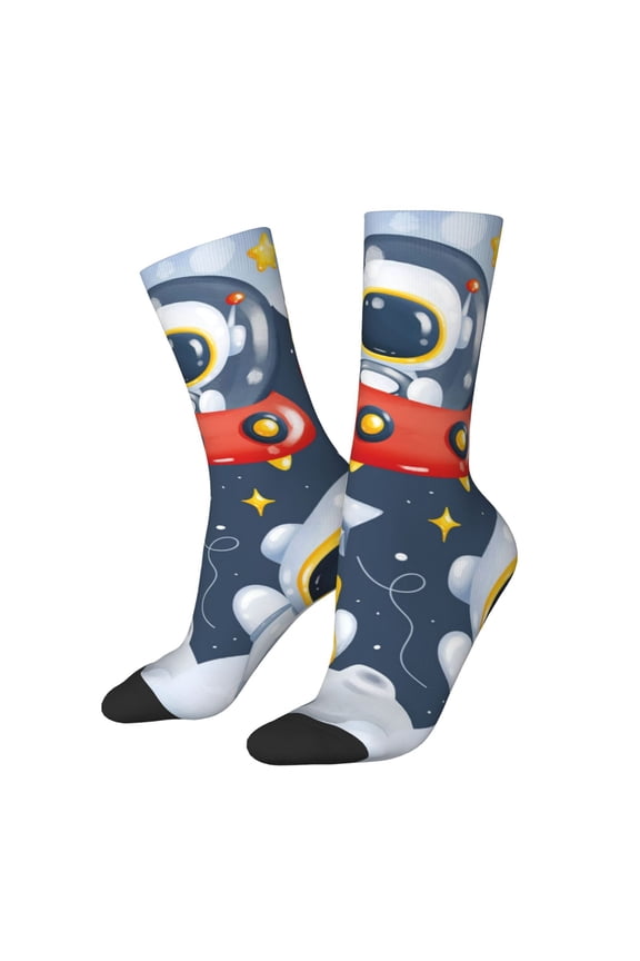 Astronaut And Space Pattern Adult Middle Tube Socks Breathable Sock Non-Pilling,Contrasting Color Design