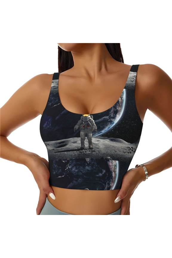 Astronaut Standing In The Moon for Women's Sports Vest with Full-Print Design, Stretchy Fabric and Removable Pads-Medium