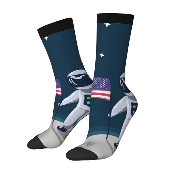 Hirioo Astronaut With USA Flag Pattern Adult Middle Tube Socks Breathable Sock Non-Pilling,Contrasting Color Design