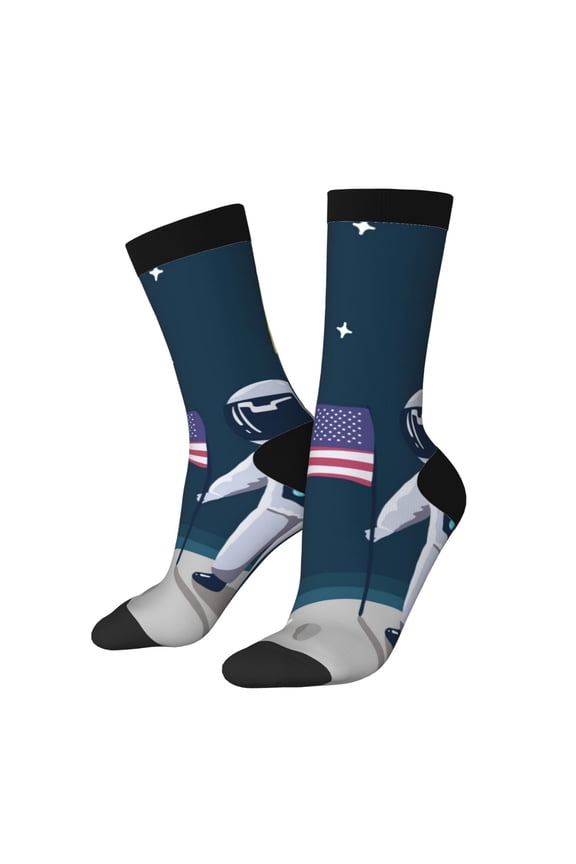 Astronaut With USA Flag Pattern Adult Middle Tube Socks Breathable Sock Non-Pilling,Contrasting Color Design