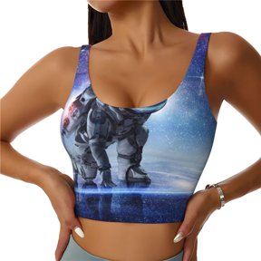 Hirioo Astronauts Start Running for Women's Sports Vest with Full-Print Design, Stretchy Fabric and Removable Pads-Medium
