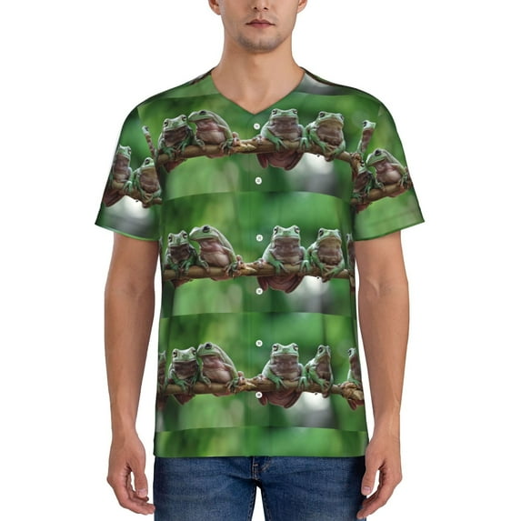 Hirioo Australian White Tree Frog Sitting on Branch for Men's Baseball T-shirt Shirts Short Sleeve Casual Summer Button Stretch T Shirts,Size S-4XL-Large