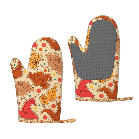 Hirioo Autumn Animal Maple Leaves for Silicone Oven Mitts for BBQ, Baking, Cooking, Set of 2, Heat Resistant 260, Non-Slip Kitchen Essentials