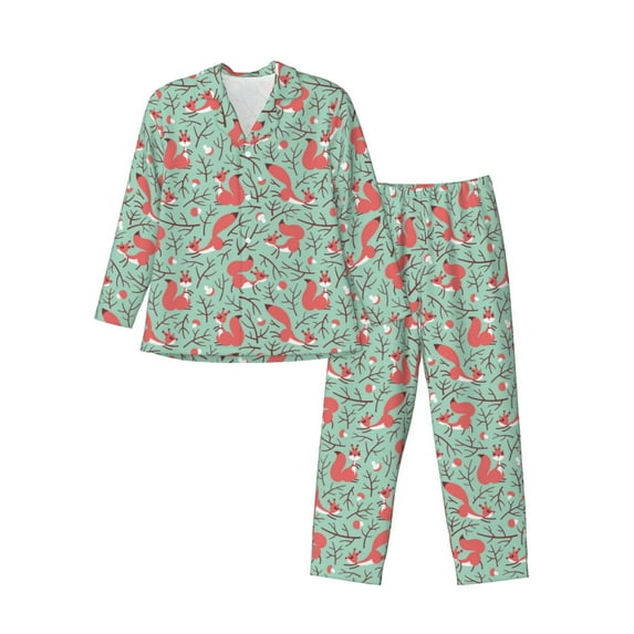Hirioo Autumn Branches Fox and Mushrooms for Men's Pajama Sets 2 Piece Pjs Men's Long-Sleeved Pajama Set Button Down Sleepwear,S-XXL-XX-Large