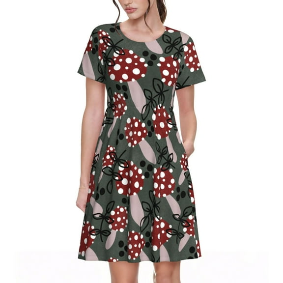 Hirioo Autumn Forest Mushrooms for Short Sleeve Dress Women's Short Sleeve Dress with Pockets