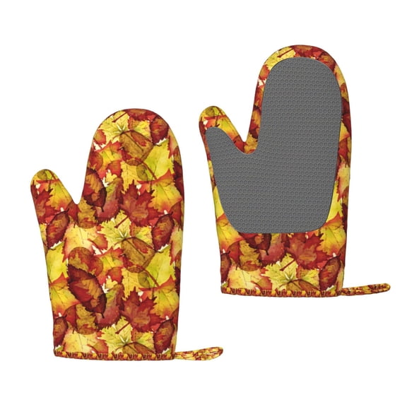 Hirioo Autumn Mosaic Maple Leaves for Silicone Oven Mitts for BBQ, Baking, Cooking, Set of 2, Heat Resistant 260, Non-Slip Kitchen Essentials