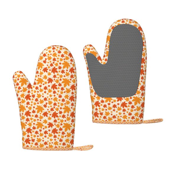 Hirioo Autumn Red and Orange Maple Leaves for Silicone Oven Mitts for BBQ, Baking, Cooking, Set of 2, Heat Resistant 260, Non-Slip Kitchen Essentials