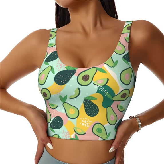 Hirioo Avocado for Women's Sports Vest with Full-Print Design, Stretchy Fabric and Removable Pads-Large