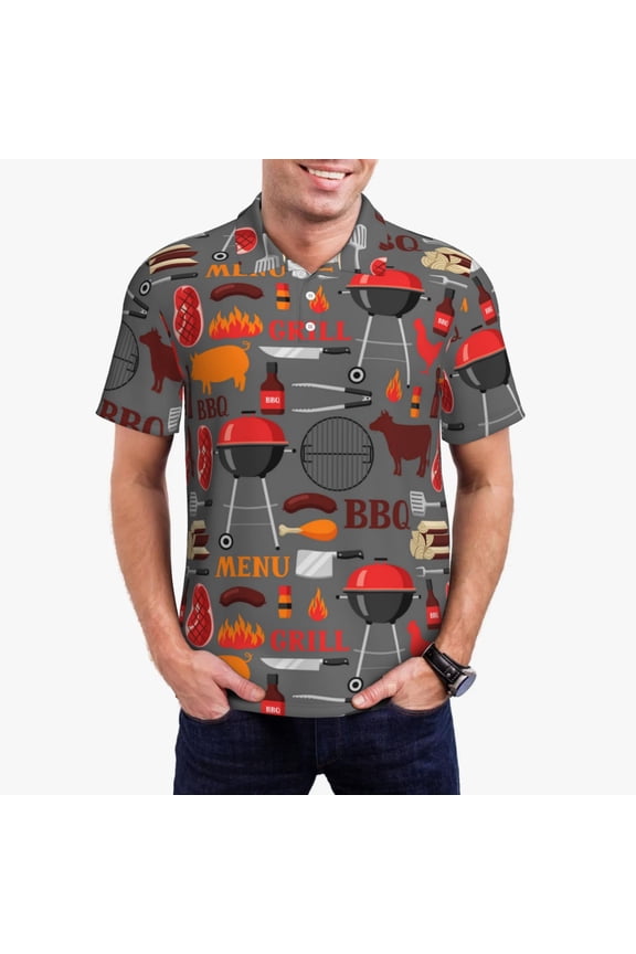BBQ Icons for Men’s Polo Shirts Quick Dry Short Sleeve Golf T Shirt Performance Moisture Wicking Casual Workout,Sizes S-4XL-3X-Large
