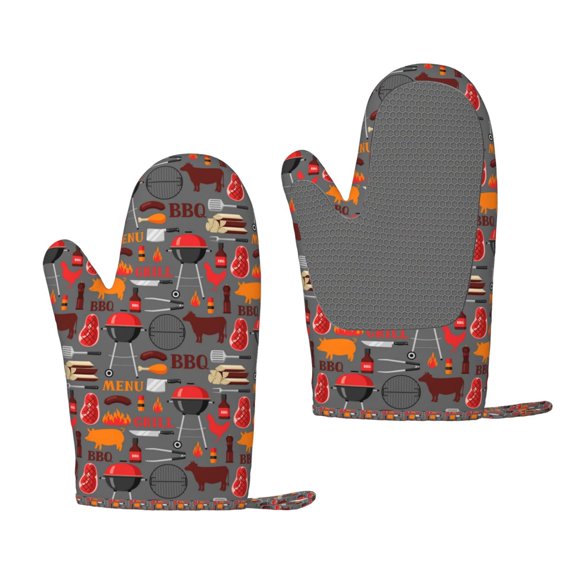 Hirioo BBQ Icons for Silicone Oven Mitts for BBQ, Baking, Cooking, Set of 2, Heat Resistant 260, Non-Slip Kitchen Essentials