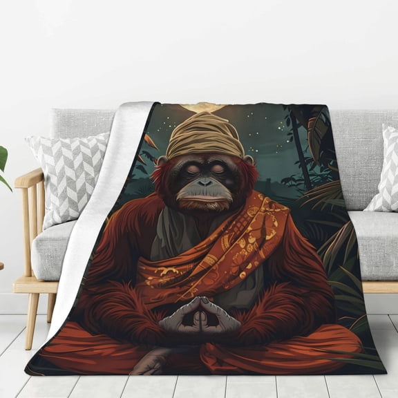 Hirioo Banana Leaf Meditating Gorilla for Flannel Blanket, Cozy and Warm Throw for Bed or Couch ,Perfect for All Seasons-60"x50"