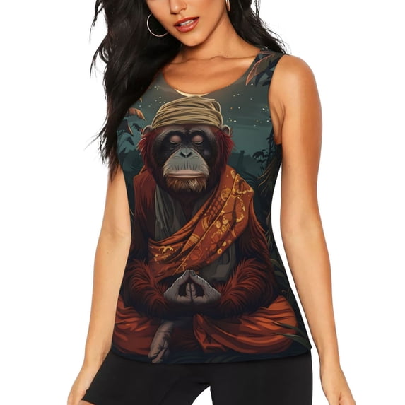 Hirioo Banana Leaf Meditating Gorilla for Women's Workout Tank Top Sleeveless Workout Tops Athletic Gym Shirts-X-Large
