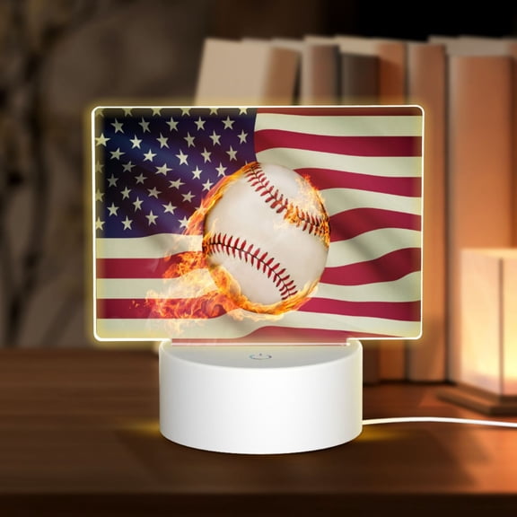 Hirioo Baseball Ball With Flag for Rectangular Acrylic with Night Light Best Gifts for Lover Girl Mom, Valentine's Day Anniversary Birthday Wedding Present