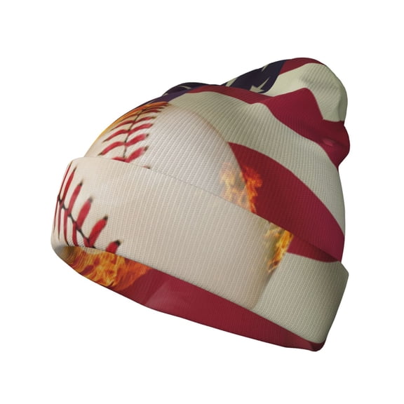 Hirioo Baseball Ball With Flag for Men's Knit Cuffed Beanie for Outdoor Activities Unisex