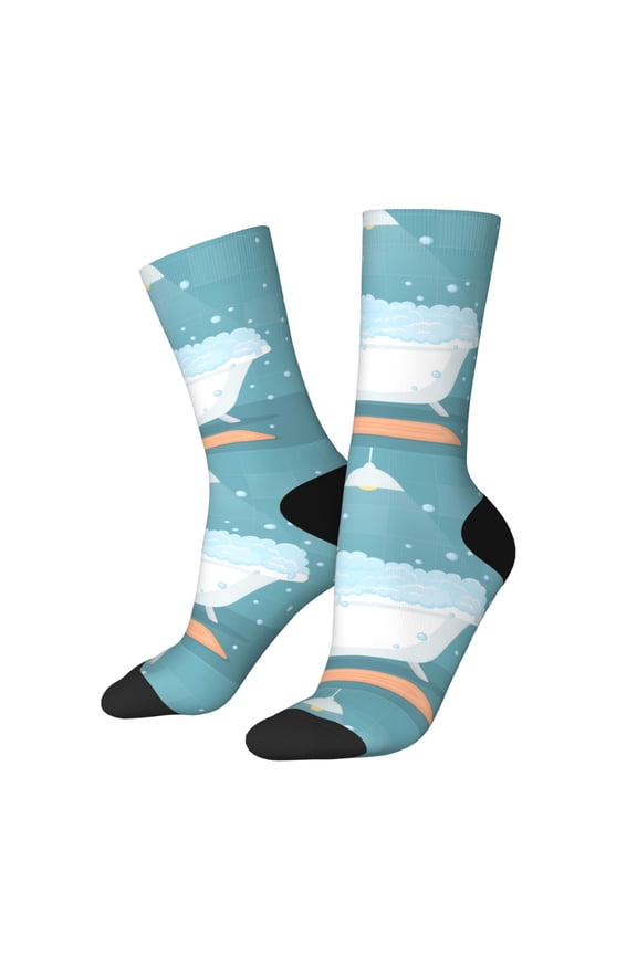 Bathtub with Soap Bubbles Pattern Adult Middle Tube Socks Breathable Sock Non-Pilling,Contrasting Color Design