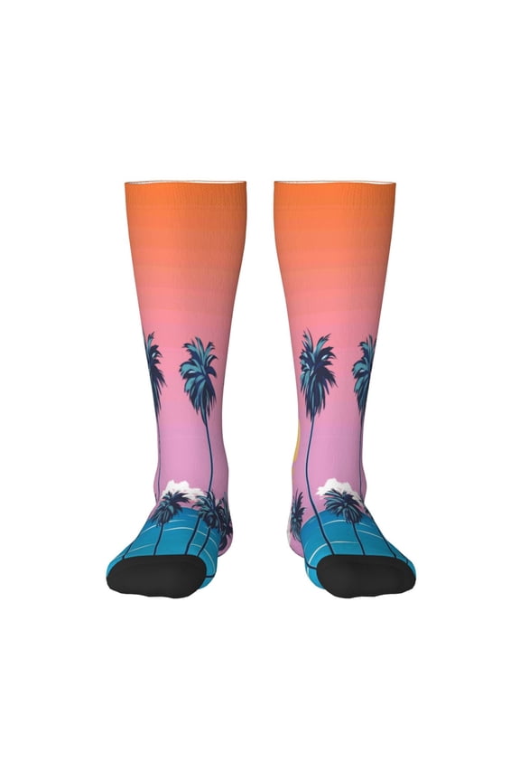 Beach with Palm Trees for Adult Stockings Breathable Sock Non-Pilling,Contrasting Color Design