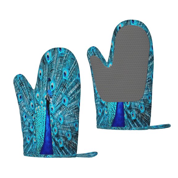 Hirioo Beautiful Blue Peacock for Silicone Oven Mitts for BBQ, Baking, Cooking, Set of 2, Heat Resistant 260, Non-Slip Kitchen Essentials