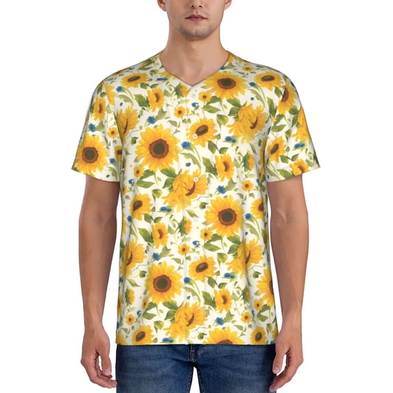 Hirioo Beautiful Countryside Sunflower for Men's Baseball T-shirt Shirts Short Sleeve Casual Summer Button Stretch T Shirts,Size S-4XL-X-Large