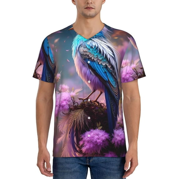 Hirioo Beautiful Flower Blue Bird for Men's Baseball T-shirt Shirts Short Sleeve Casual Summer Button Stretch T Shirts,Size S-4XL-Medium