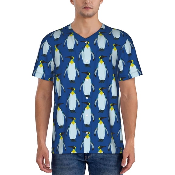 Hirioo Beautiful King Penguin Pattern for Men's Baseball T-shirt Shirts Short Sleeve Casual Summer Button Stretch T Shirts,Size S-4XL-