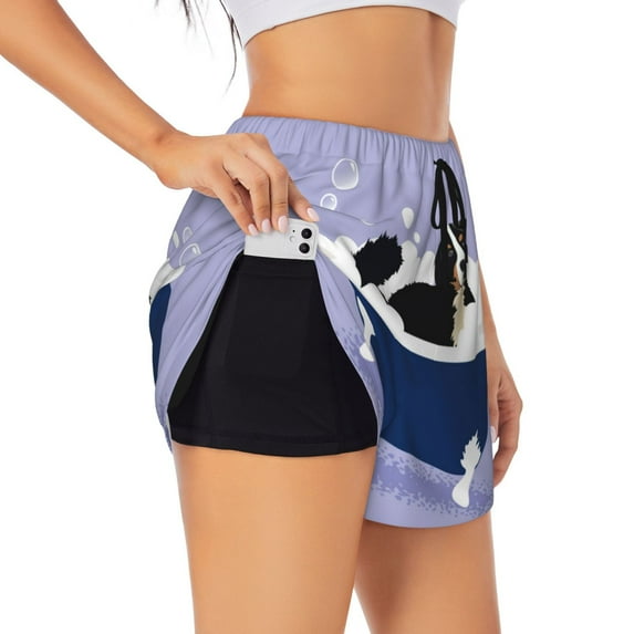 Hirioo Bernese Mountain Dog Sitting Bath Tub for Women's Double Layer Athletic Shorts High-Performance Gym Shorts with Inner Pocket, Elastic Waistband-X-Large