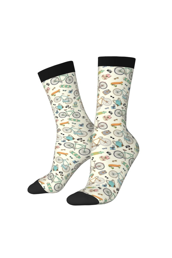 Bicycles And Boards Pattern Adult Middle Tube Socks Breathable Sock Non-Pilling,Contrasting Color Design