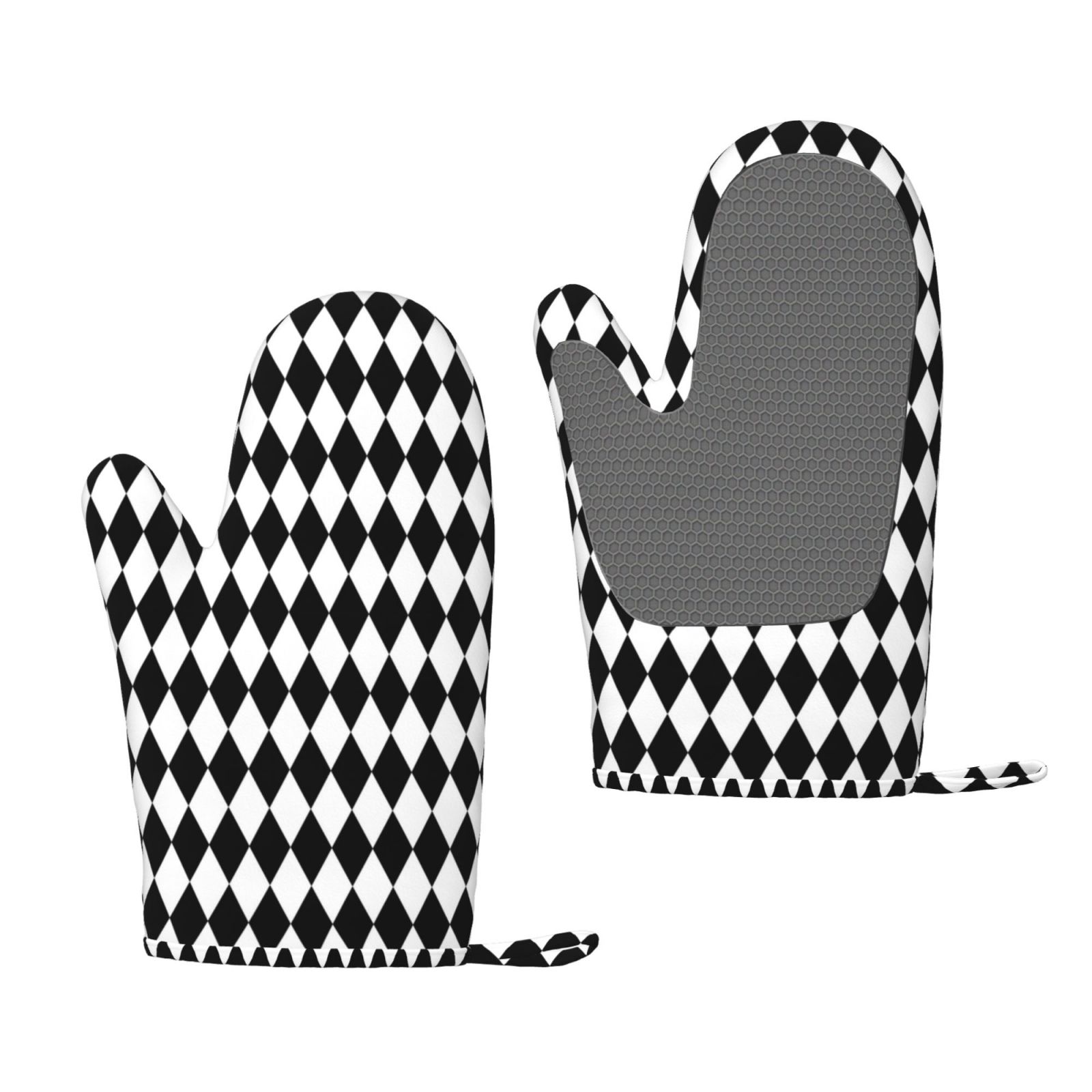 Hirioo Black And White Diamonds for Silicone Oven Mitts for BBQ, Baking, Cooking, Set of 2, Heat Resistant 260℃, Non-Slip Kitchen Essentials