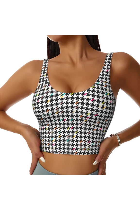 Black And White Houndstooth for Women's Sports Vest with Full-Print Design, Stretchy Fabric and Removable Pads-