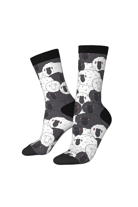 Black And White Sheeps Pattern Adult Middle Tube Socks Breathable Sock Non-Pilling,Contrasting Color Design