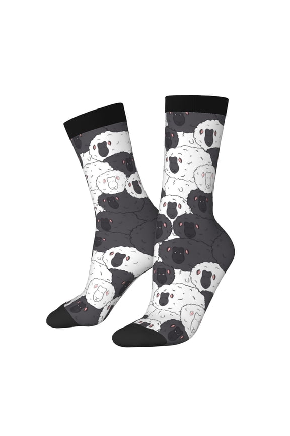 Black And White Sheeps Pattern Adult Middle Tube Socks Breathable Sock Non-Pilling,Contrasting Color Design
