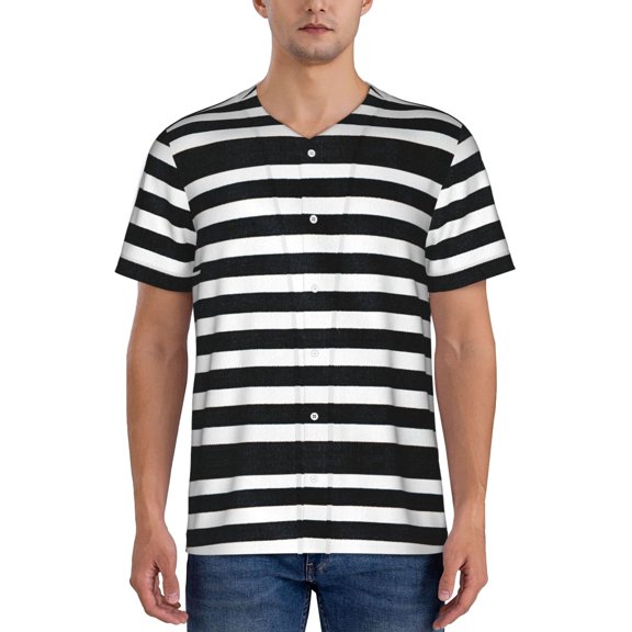 Hirioo Black And White Stripes for Men's Baseball T-shirt Shirts Short Sleeve Casual Summer Button Stretch T Shirts,Size S-4XL-XX-Large