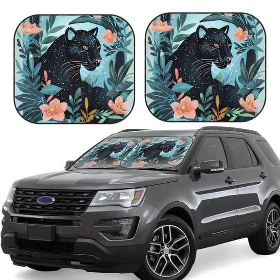Hirioo Black Panther Floral Illustration for 2PCS Windshield Sun Shade Foldable | Front Windshield Shade for Sun, Heat and UV Rays-Small