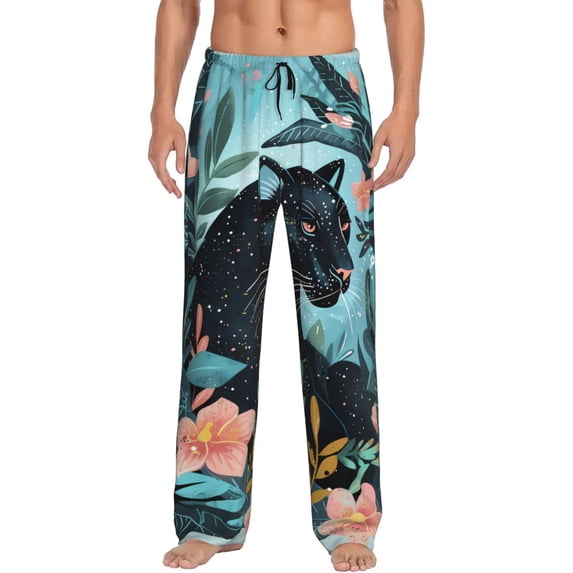 Hirioo Black Panther Floral Illustration for Men's PJ Pajama Pants Sleep Pants Men's Home Trousers with Pockets,S-3XL-XX-Large
