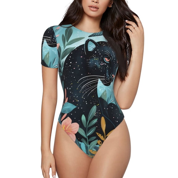 Hirioo Black Panther Floral Illustration for Women's Round Neck Short-sleeved Onesie Basic Bodysuits-Small