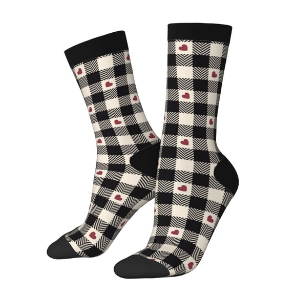Hirioo Black Plaid Heart Pattern Adult Middle Tube Socks Breathable Sock Non-Pilling,Contrasting Color Design