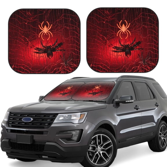 Hirioo Black Spider Web With Spiders for 2PCS Windshield Sun Shade Foldable | Front Windshield Shade for Sun, Heat and UV Rays-Medium