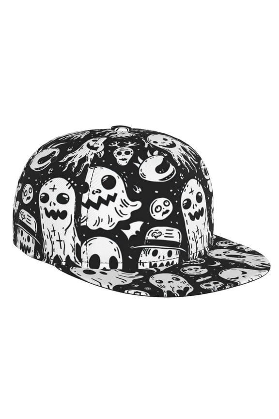 Black White Spooky Ghosts for Baseball Cap Men Cap Flat Brim for Men Women Teens Adjustable Baseball Cap